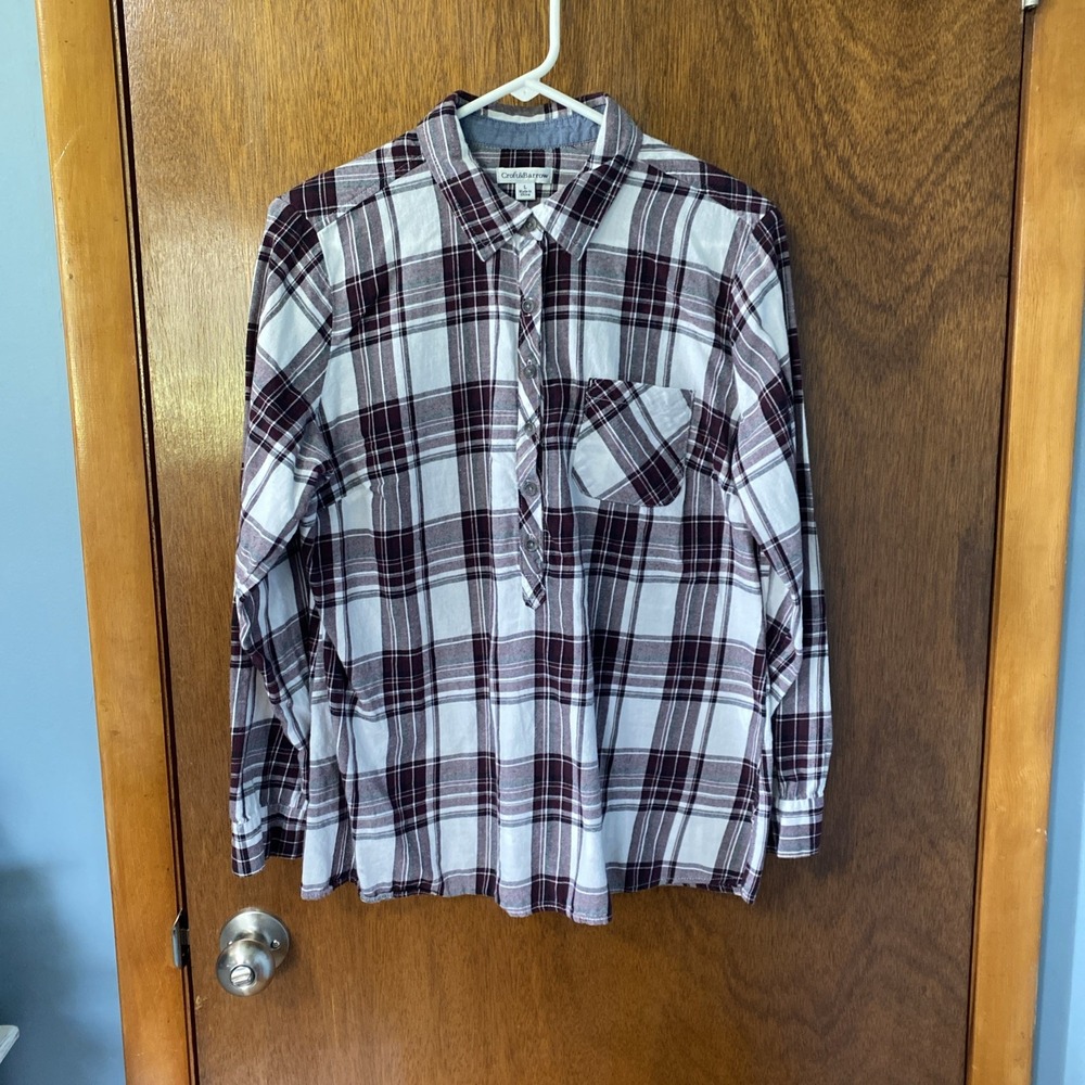 Croft & Barrow Womens Plaid Flannel Shirt Maroon White Black Partial Button L